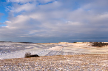 Panoramic view to rural field covered with snow.