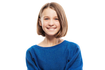 Cute teen girl laughs, close up, isolated on white background