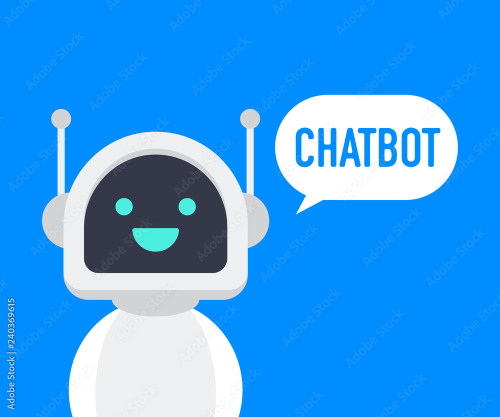 Poster chatbot icon. cute smiling robot, chat bot say hi.vector modern flat cartoon character illustration.