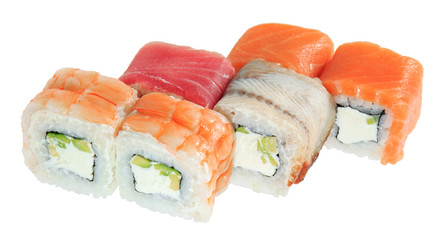 Set of tasty sushi rolls. Isolated on white background. Menu of the Japanese restaurant. © Sergei Dvornikov