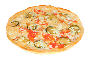Appetizing pizza with cheese, tomatoes, cucumbers and bacon. Isolated on white background.