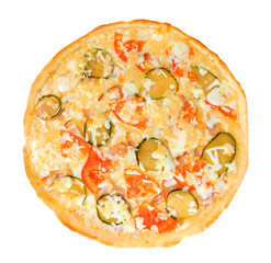 Appetizing pizza with cheese, tomatoes, cucumbers and bacon. Isolated on white background.