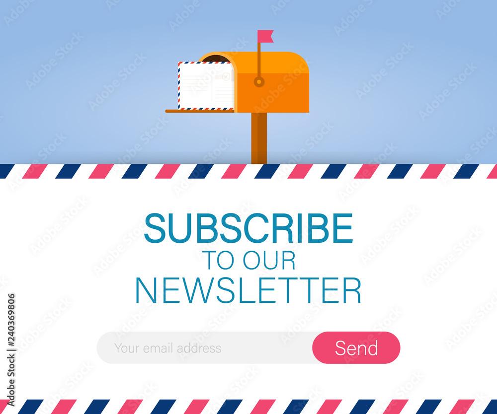 Poster email subscribe, online newsletter vector template with mailbox and submit button. vector illustrati