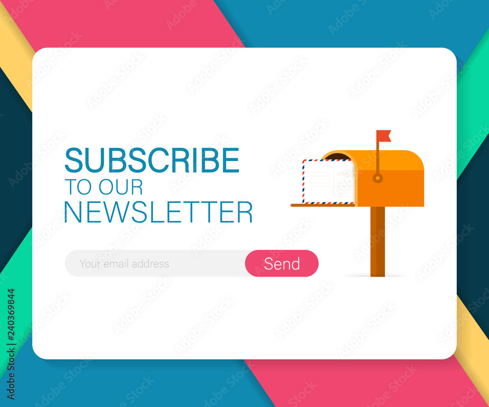 Poster email subscribe, online newsletter vector template with mailbox and submit button. vector illustrati