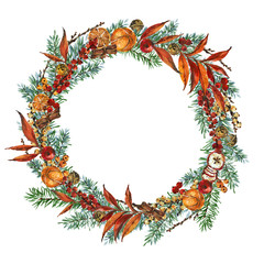 Christmas wreath illustration. winter holidays decorative background for greetings. watercolor new year illustration