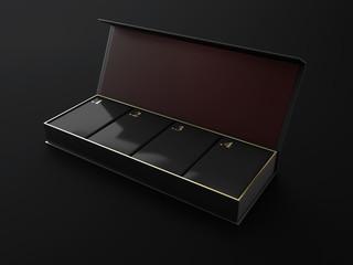 Opened Square Black Boxes Mockup with four square box in and golden numbers 3d Illustration