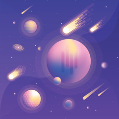 Obraz premium Abstract universe scene with vibrant colored planets, galaxies, falling asteroids and comets