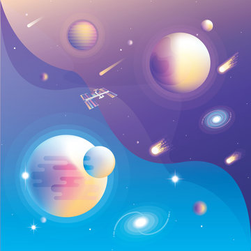 Abstract universe vector scene with vibrant planets, falling comets, galaxies, stars and space station