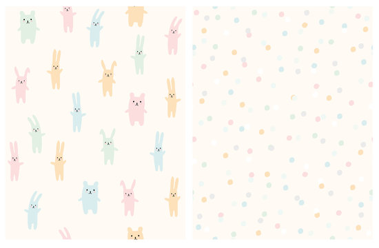 Fototapeta Cute Bright Toy and Dots Vector Patterns. Light Cream Background. Pastel Color Bunnies and Teddy Bear Toys. Delicate Round Shape Falling Confetti. Pink, Blue, Yellow and Green Toys and Dots.Lovely Art