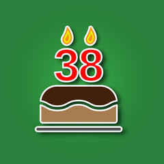Birthday cake with a candle in the form of a number 38, in the form of a sticker with a shadow icon. Happy Birthday concept symbol design. Stock - Vector illustration can be used for web.