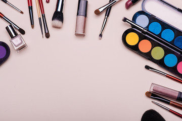 Set of professional cosmetics, makeup tools and accessories for women's beauty