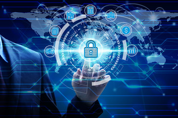 Businessman touch network using padlock icon technology
