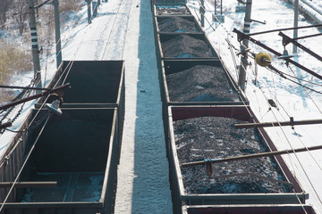 rail cars loaded with coal transported from nearby mines to power plants in winter