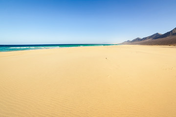 Fuerteventura, Canary Islands, Spain. Cofete beach with endless horizon and traces on sand. Volcanic hills in the background and Atlantic Ocean.