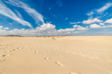 Fototapeta na wymiar Corralejo, Fuerteventura, Spain. Corralejo dunes with volcanic mountains in the horizon.