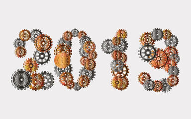 Inscription New Year 2019 in the style of steampunk. Vector illustration.