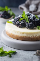 New York cheesecake or classic cheesecake with fresh berries on gray stone background