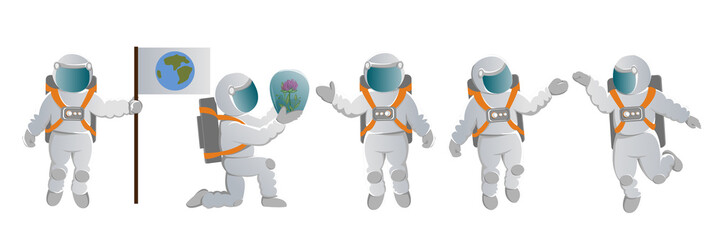 A set of astronauts. People in space suits in various poses. Space exploration. Colonization of Mars and other planets. Vector character