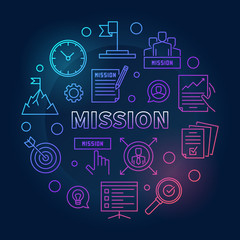 Mission vector circular outline colored illustration on dark background