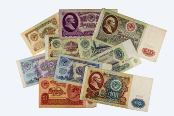  Paper banknotes of the Soviet Union on a white background