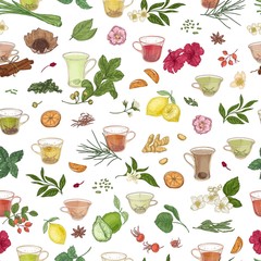 Seamless pattern with hand drawn cups with tea, citrus, spices, leaves, flowers and berries on white background. Elegant vector illustration in vintage style for textile print, wrapping paper.
