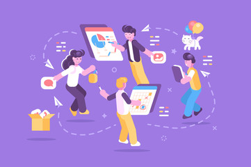 Cheerful people working together on one task