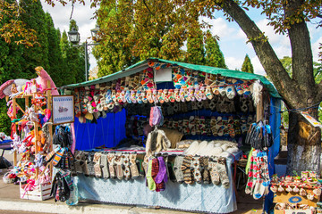 Handmade wool socks in the small shop at the fair