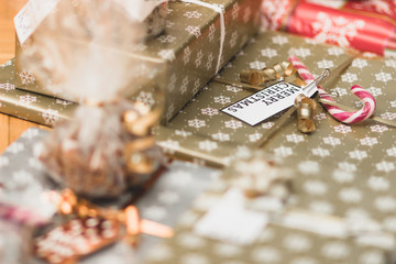 Big and small red, gold and silver christmas gift boxes