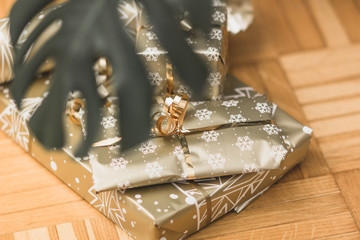Big and small golden christmas gift boxes