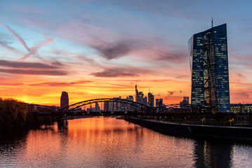 Europäische Zentralbank mit Frankfurter Skyline im Sonnenuntergang