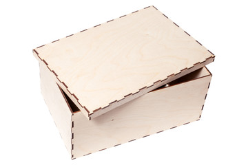 Closeup natural wood texture opened box with lid, unpainted. Concept crate, container, storage, timber, packaging, delivery, space, inscription, copy. Concept of packaging christmas toys, gifts