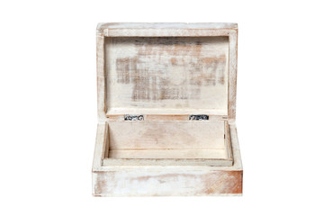 Closeup vintage texture wooden old weathered aged empty open rectangular box casket isolated on...