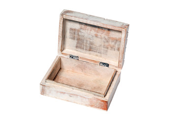 Closeup vintage texture wooden old weathered aged empty open rectangular box casket isolated on...