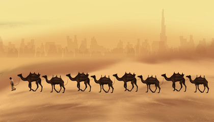 The landscape of the east, the desert, a caravan with camels on the sands. The element of sand storm. © MiaStendal
