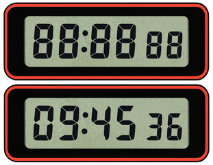 Digital lcd stopwatch timer typeface template isolated seven segment black arabic numerals binary...