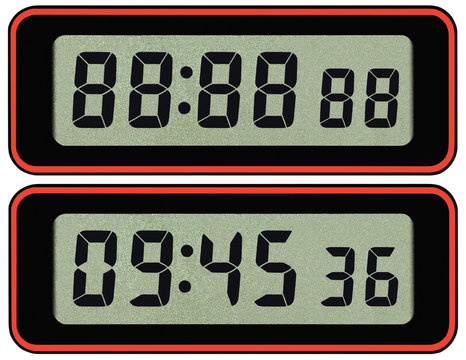 Digital lcd stopwatch timer typeface template isolated seven segment black arabic numerals binary digit countdown concept electronic alarm watch time digits figures metaphor macro closeup large