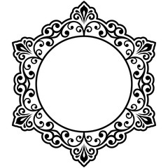 Oriental vector round black and white frame with arabesques and floral elements. Floral border with vintage pattern. Greeting card with place for text