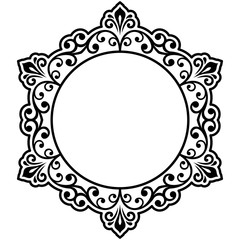 Oriental vector round black and white frame with arabesques and floral elements. Floral border with vintage pattern. Greeting card with place for text