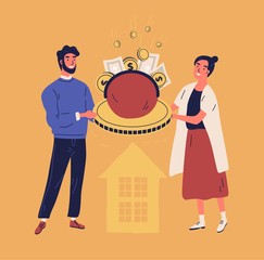 Happy man and woman holding purse or wallet with coins and banknotes. Concept of family or household budget, financial planning, money managing and saving. Vector illustration in flat cartoon style.