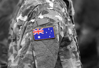 Flag of Australia on soldier arm. Flag of Australia on military uniforms (collage).