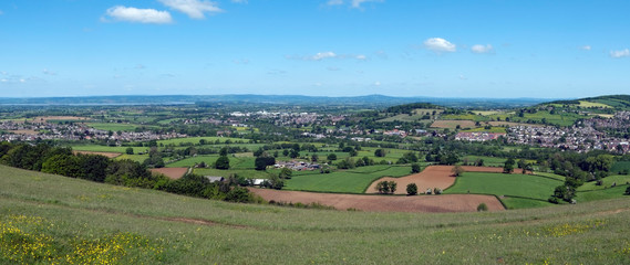 Panoramic views over the Severn Vale from The Cotswold Way long distance footpath on Selsley Common, Stroud, Gloucestershire, Cotswolds, UK
