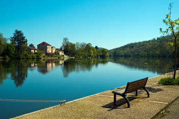 The tranquil Lot River at St-Sylvestre-sur-Lot, Lot-et-Garonne,
