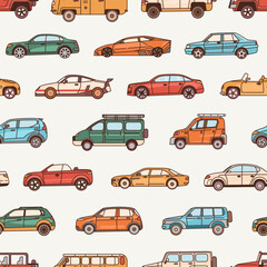 Seamless pattern with cars of various body configuration styles - cabriolet, sedan, pickup, hatchback © Good Studio