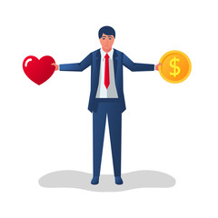Balance of love and money. Businessman chooses between love and money. Holding heart and earnings. Vector illustration flat design. Isolated on white background. Career and lifestyle.