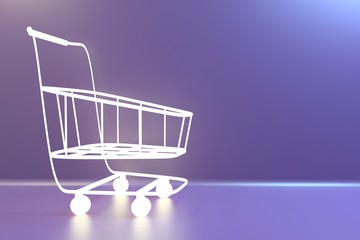 Supermarket Shopping Cart on the background of lilac wall. 3d rendering