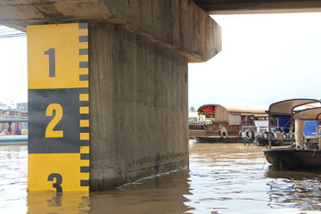 acqua alta su ponte e fiume con segnaletica