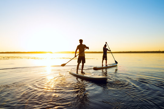 Men, friends are paddling on a SUP boards
