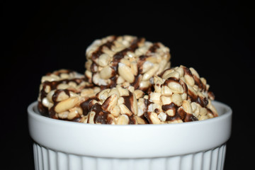 Rice cake with chocolate frosting.