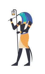 Thoth - god of moon, wisdom and magic, deity or mythological creature with bird or ibis head holding ankh symbol. Mythical or legendary character from ancient Egypt. Vector illustration in flat style.