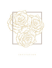Bright Hand Drawn Floral Vector Invitation. Golden Roses in Simple Gray Frame. White Background. Lovely Elegant Pastel Color Design. Adorable Bouquet of Three Roses. 
